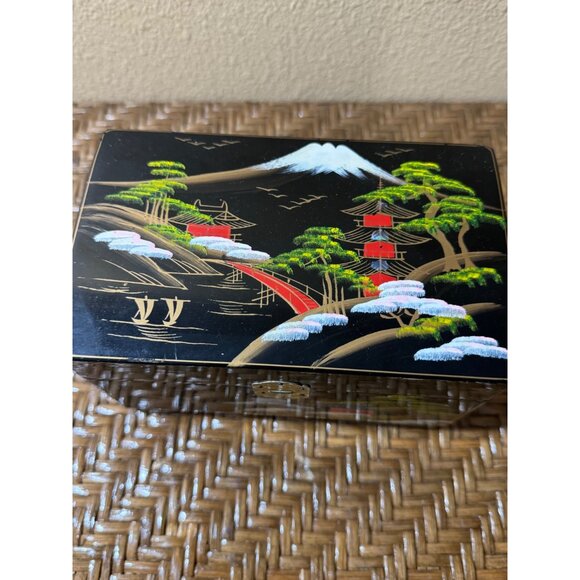 Vintage Hand-Painted Japanese Lacquerware Jewelry Box With Scenic Landscape - Picture 2 of 14